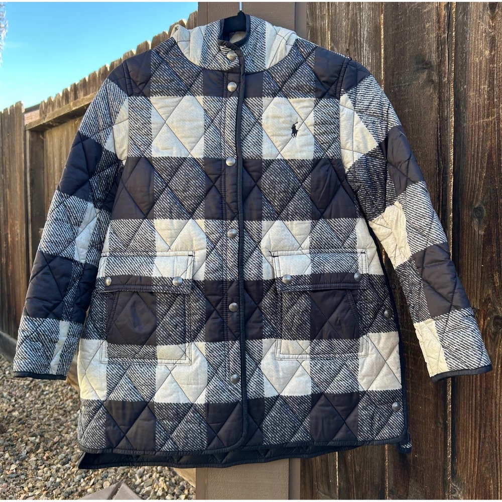 Polo Ralph Lauren Girls 7 Quilted Plaid Hooded Long Coat Black White